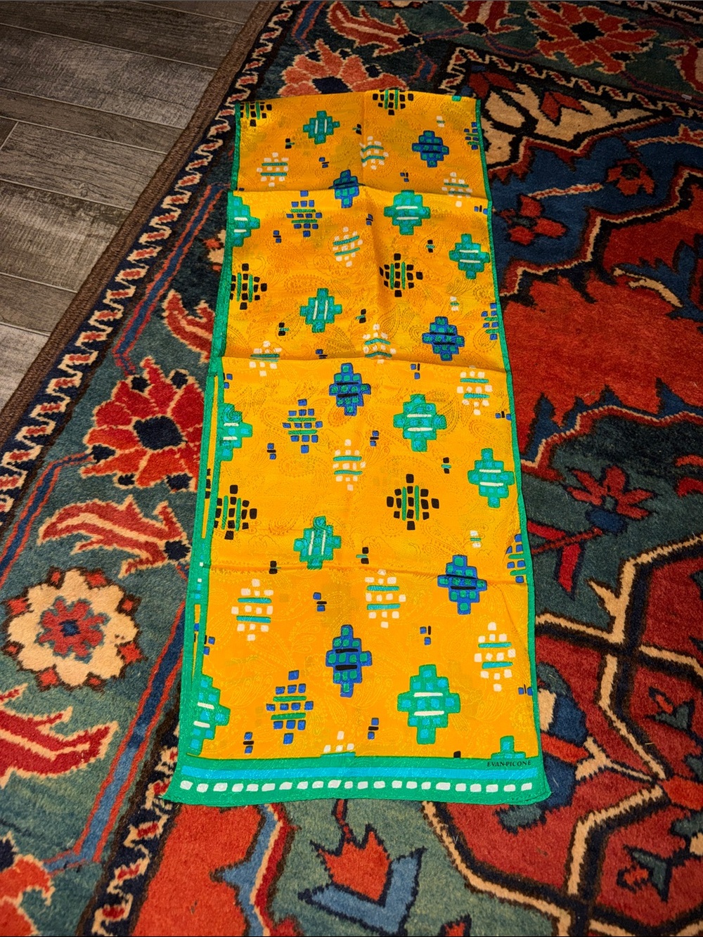 Vintage Evan-Picone Silk Blend Geometric Southwestern Scarf Mustang Yellow Teal